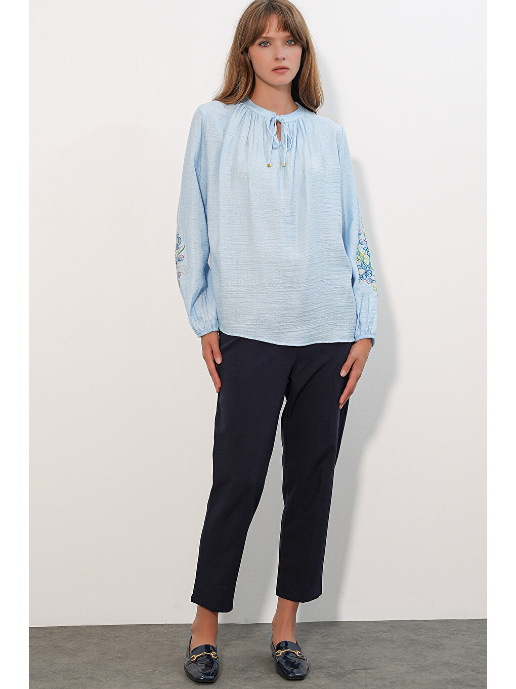 Kadın Nakışlı Oversize Bluz 1000 - Mavi-1