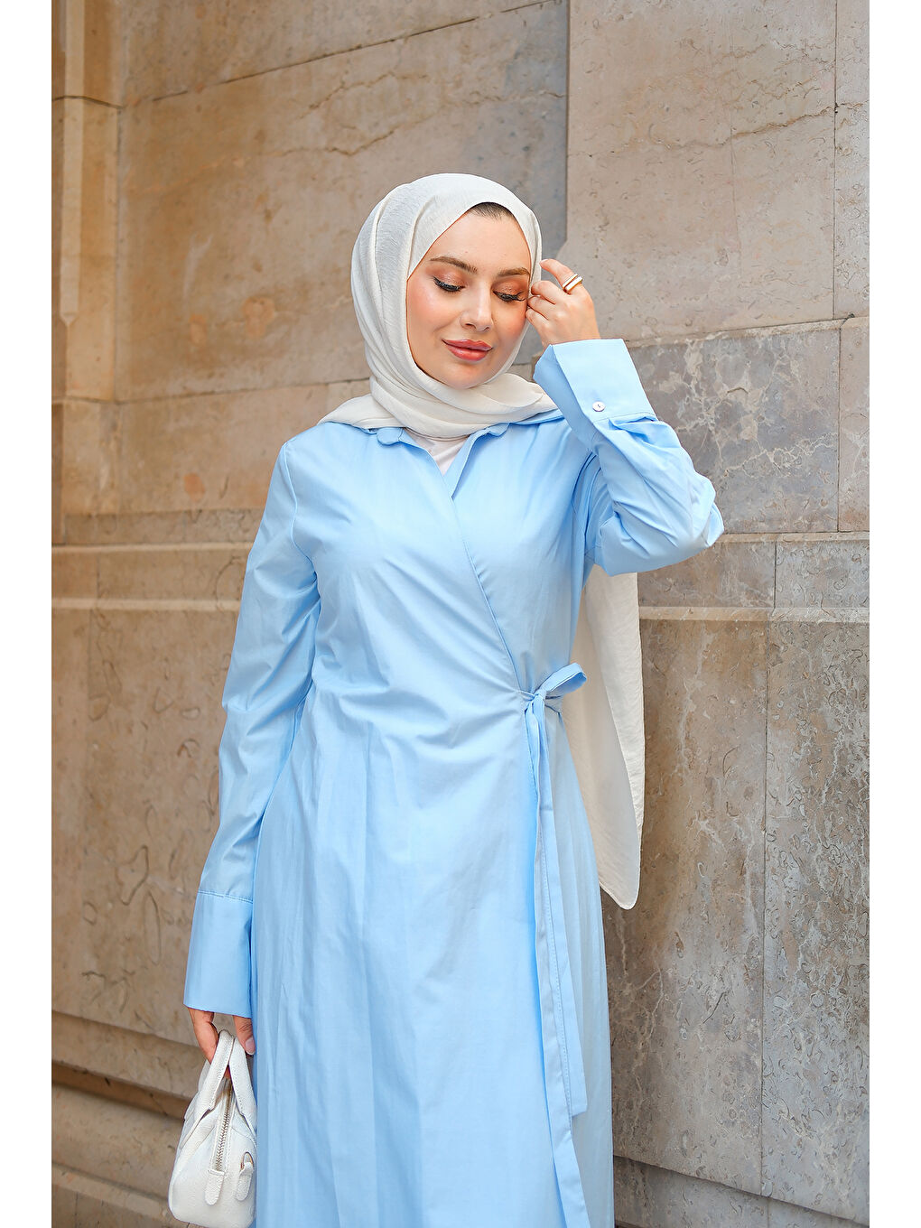 Kadın Poplin Yan Bağlamalı Elbise Bebe Mavi-1