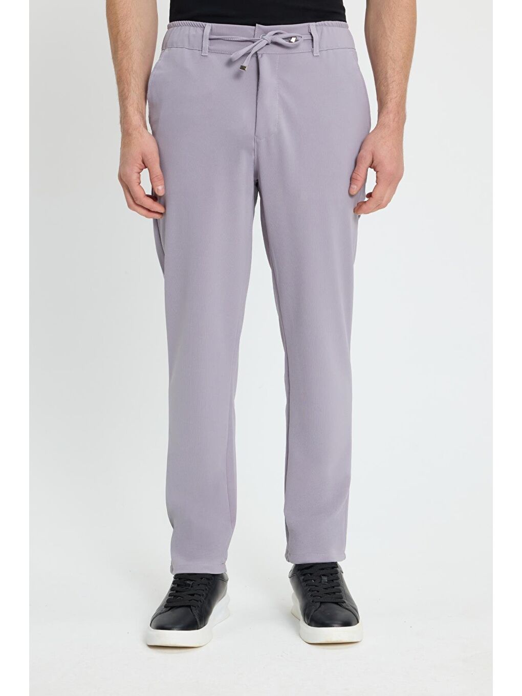 Erkek Slim Fit Dar Kesim Beli Lastikli Bağcık Detaylı Gri Pantolon