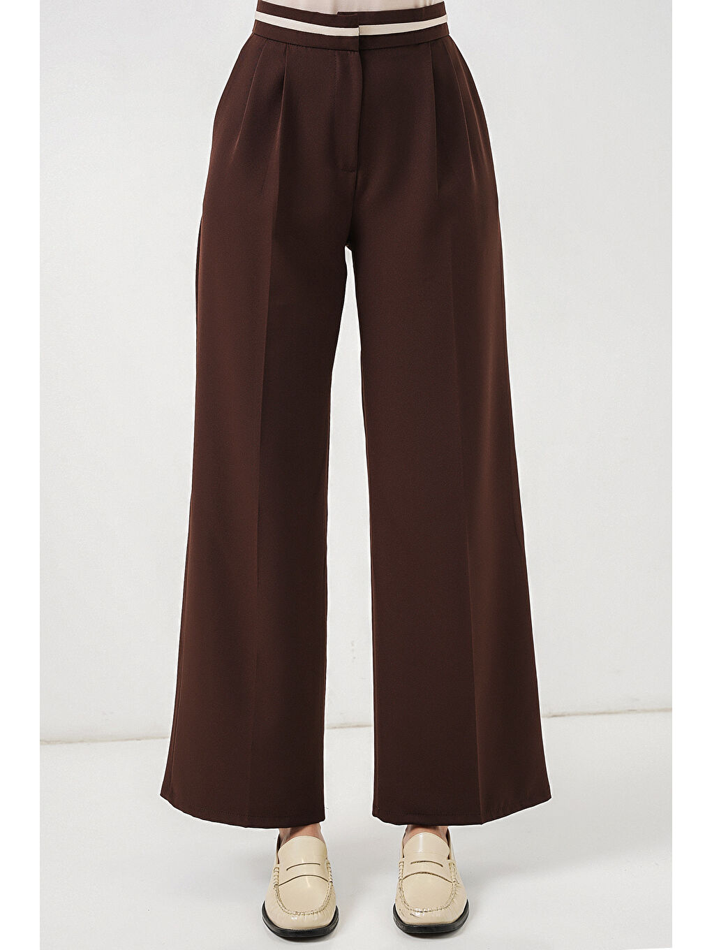 Kadın Geniş Paça Kumaş Pantolon 30088 - Kahverengi-1