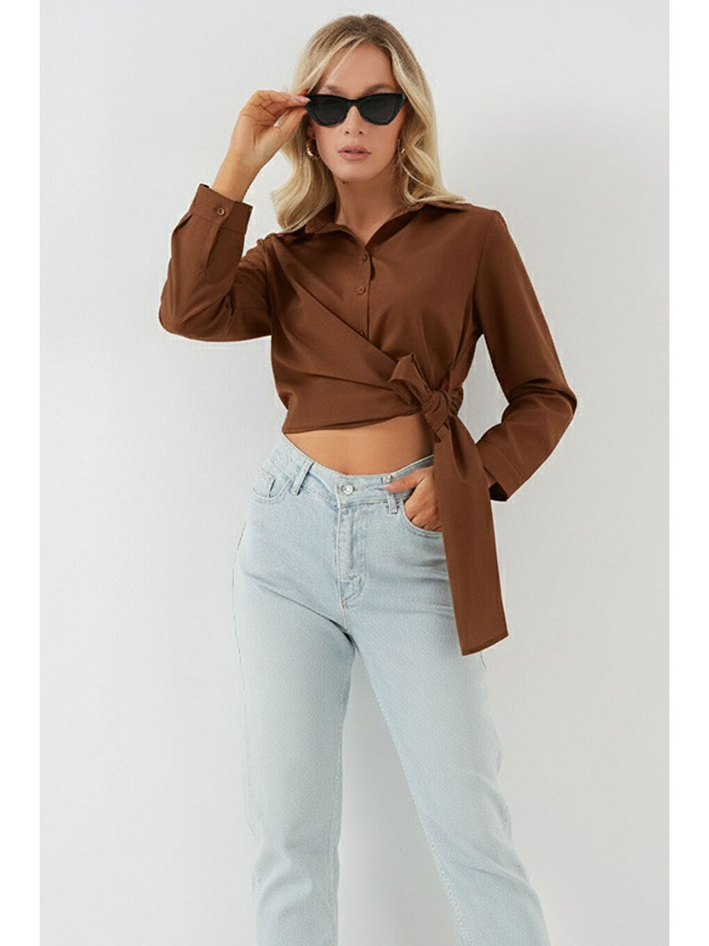 Kadın Bağlamalı Uzun Kol Gömlek 20325 - Kahverengi-1