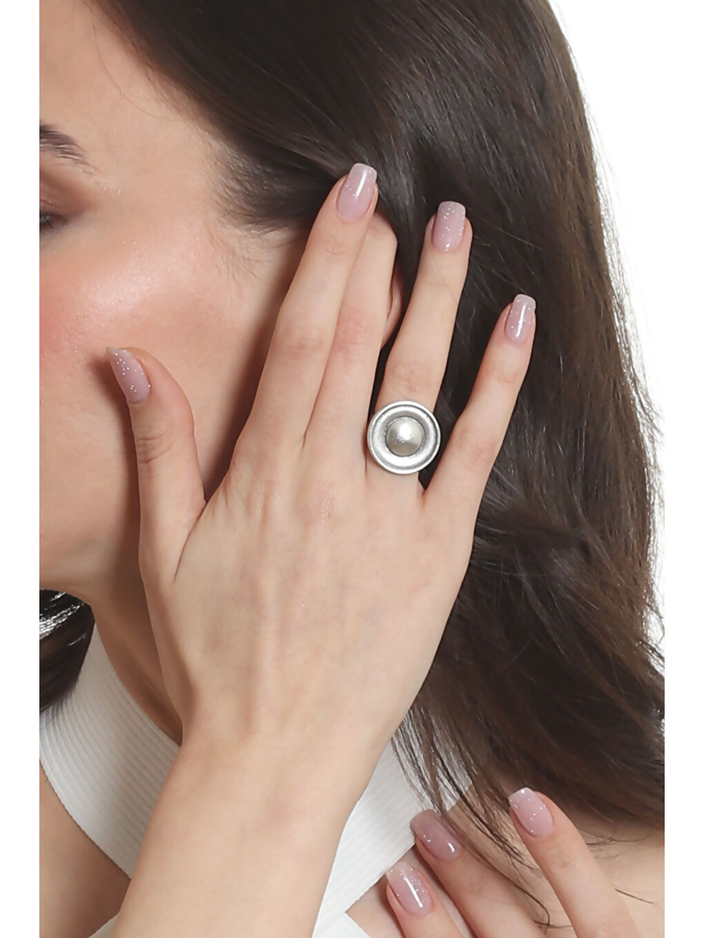Gri Kadın Antik Gümüş Kaplama Ayarlanabilir Düğme Formlu Yüzük-2