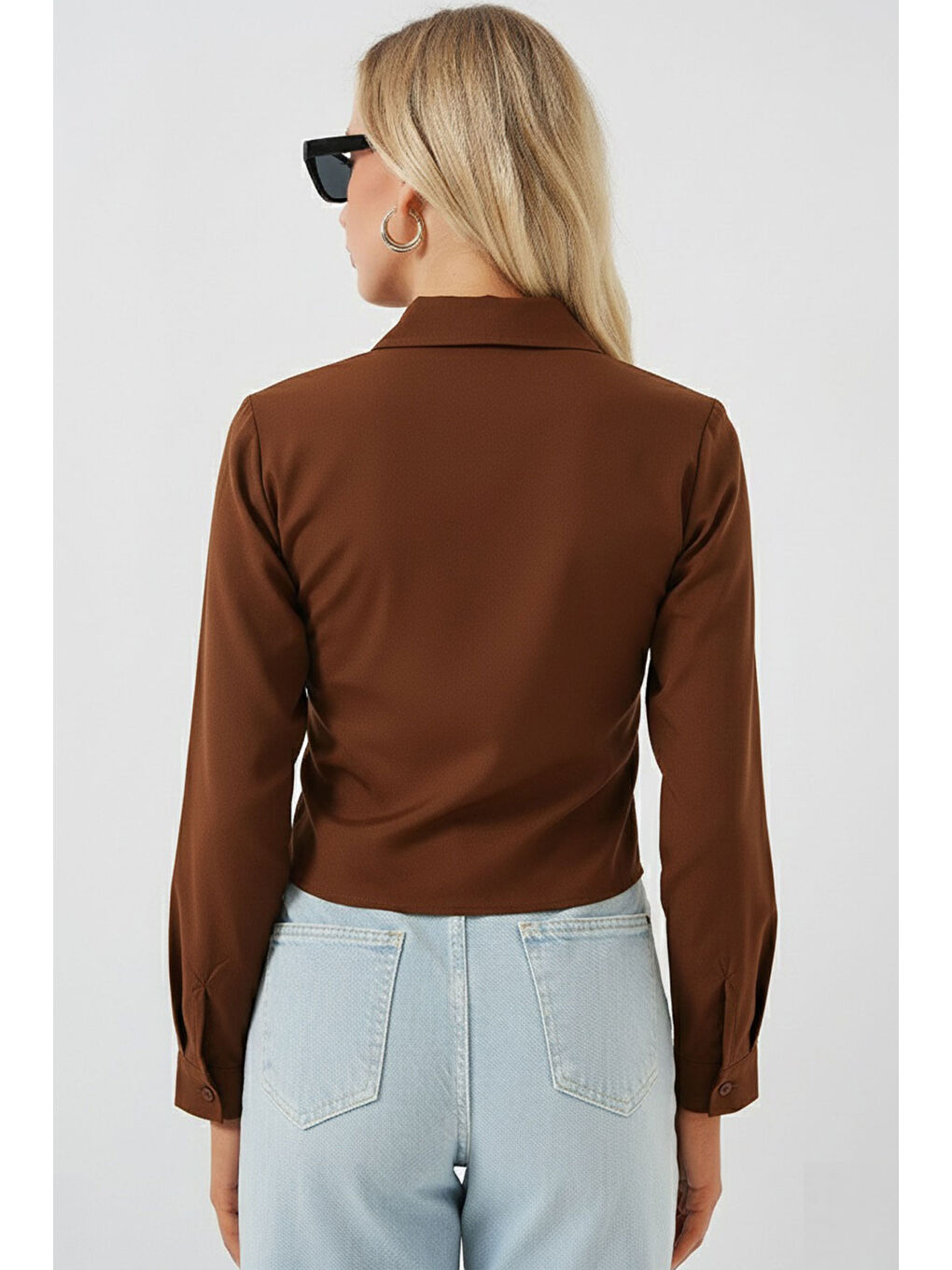 Kadın Bağlamalı Uzun Kol Gömlek 20325 - Kahverengi-2