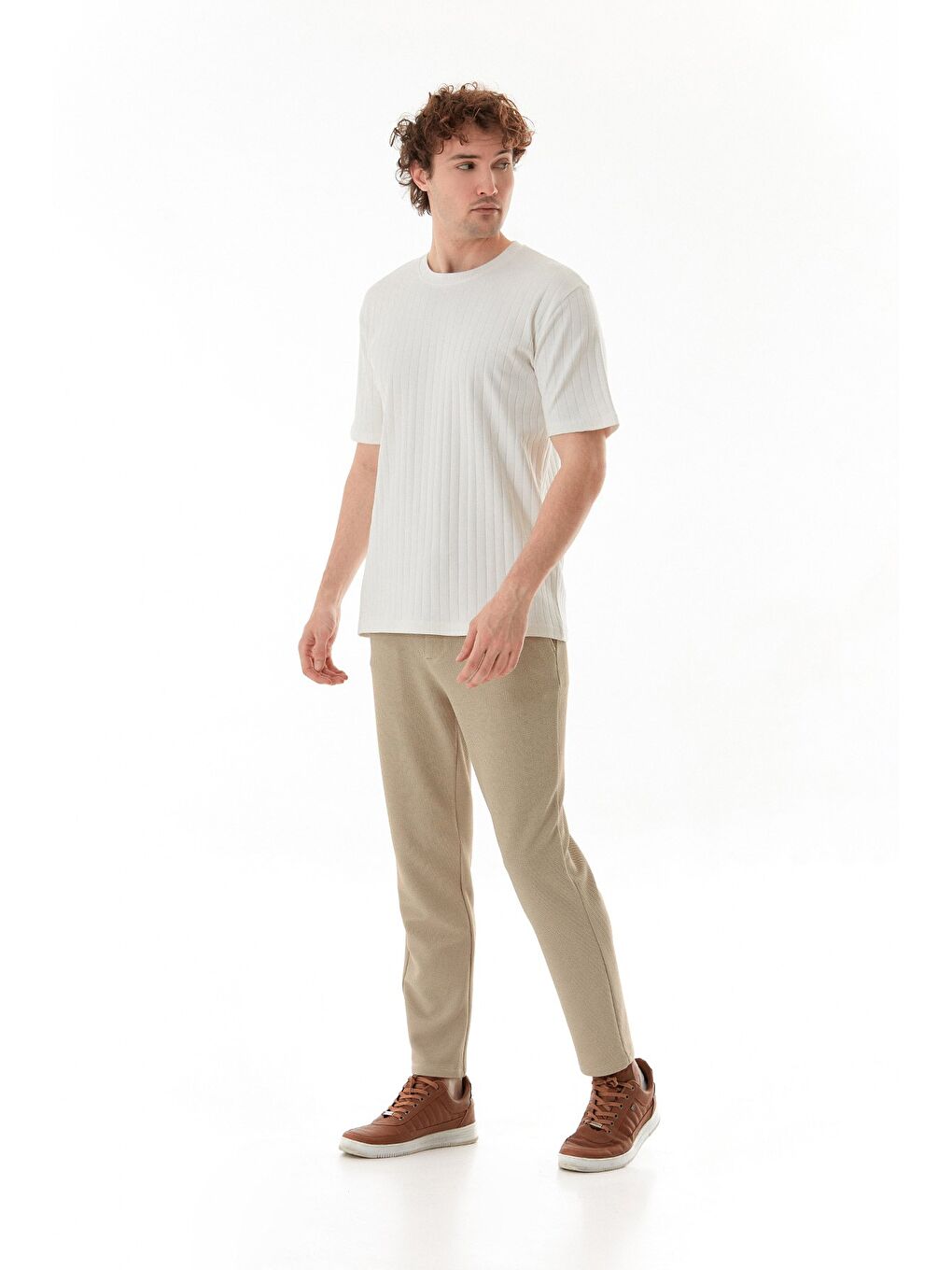 Ekru Şeritli Bisiklet Yaka Tişört-2