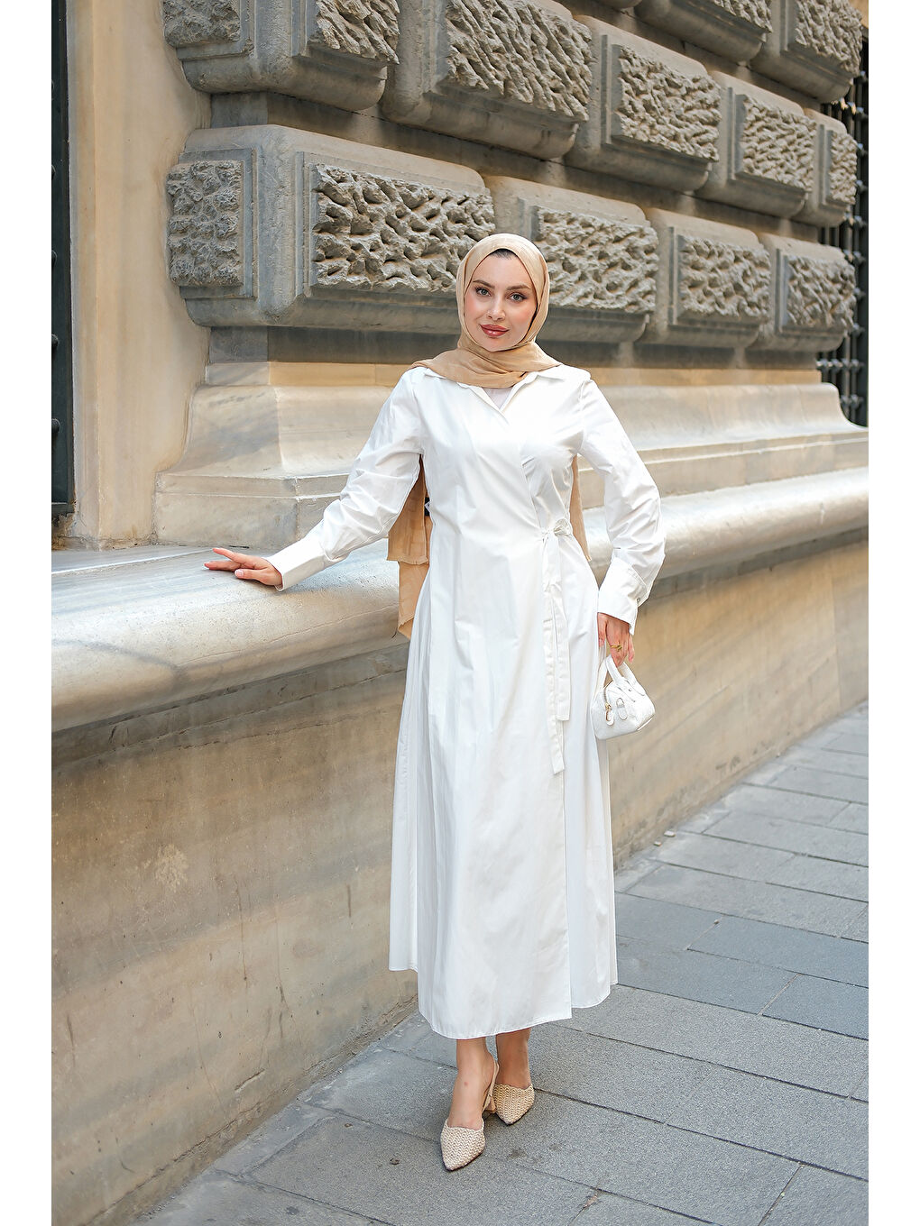 Kadın Poplin Yan Bağlamalı Elbise Beyaz-2