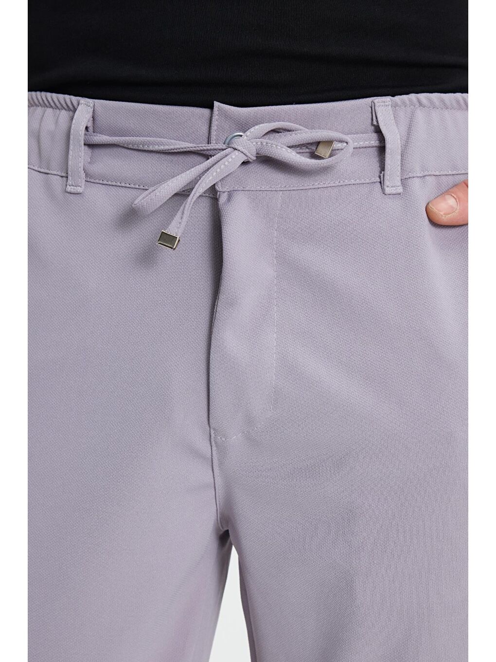 Erkek Slim Fit Dar Kesim Beli Lastikli Bağcık Detaylı Gri Pantolon-2