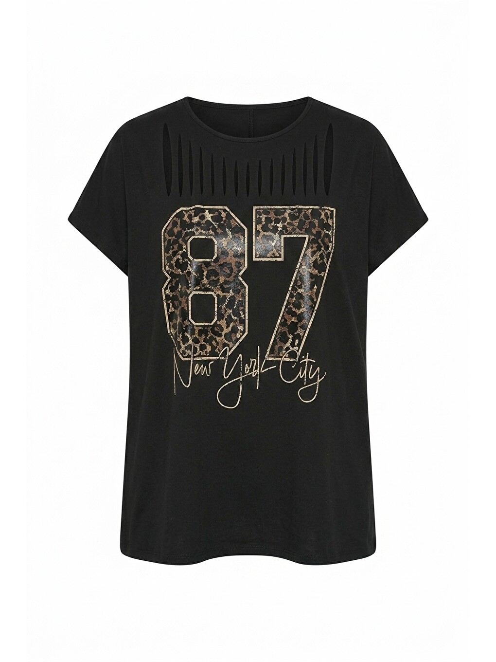 Siyah Önü Kesikli Baskılı T-shirt-3