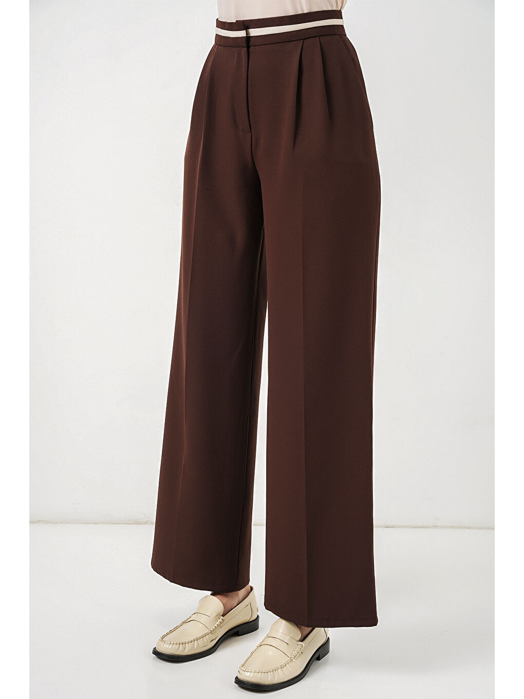 Kadın Geniş Paça Kumaş Pantolon 30088 - Kahverengi-3