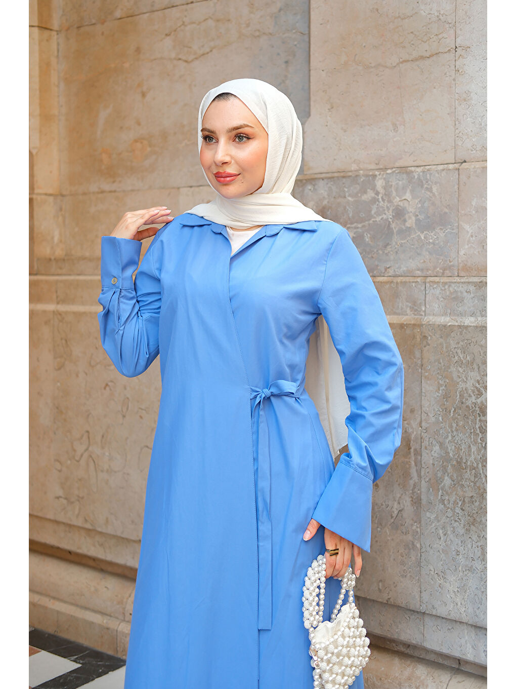 Kadın Poplin Yan Bağlamalı Elbise Saks Mavi-1