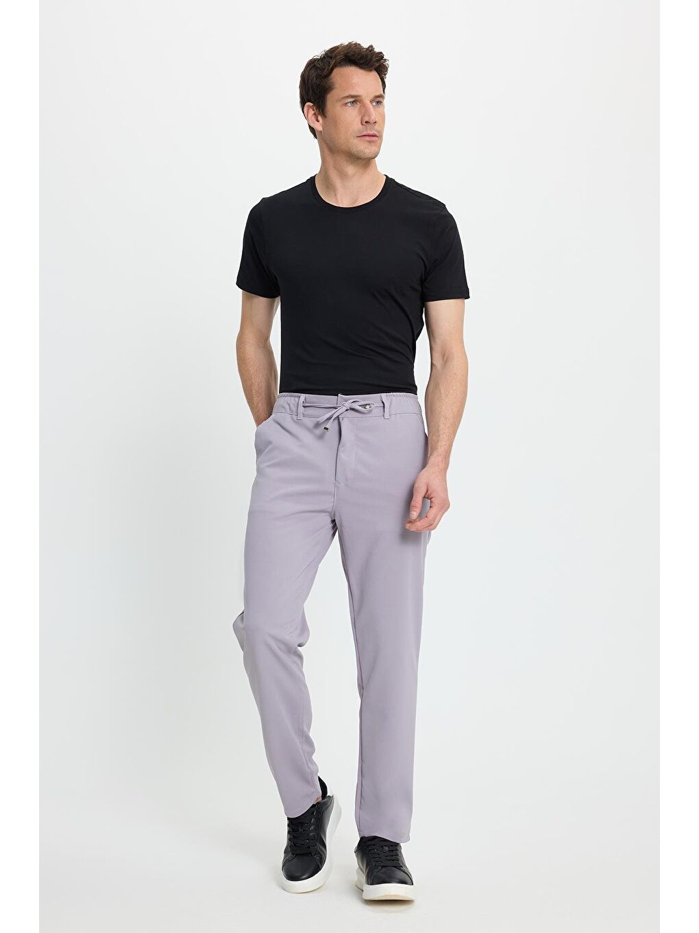 Erkek Slim Fit Dar Kesim Beli Lastikli Bağcık Detaylı Gri Pantolon-3