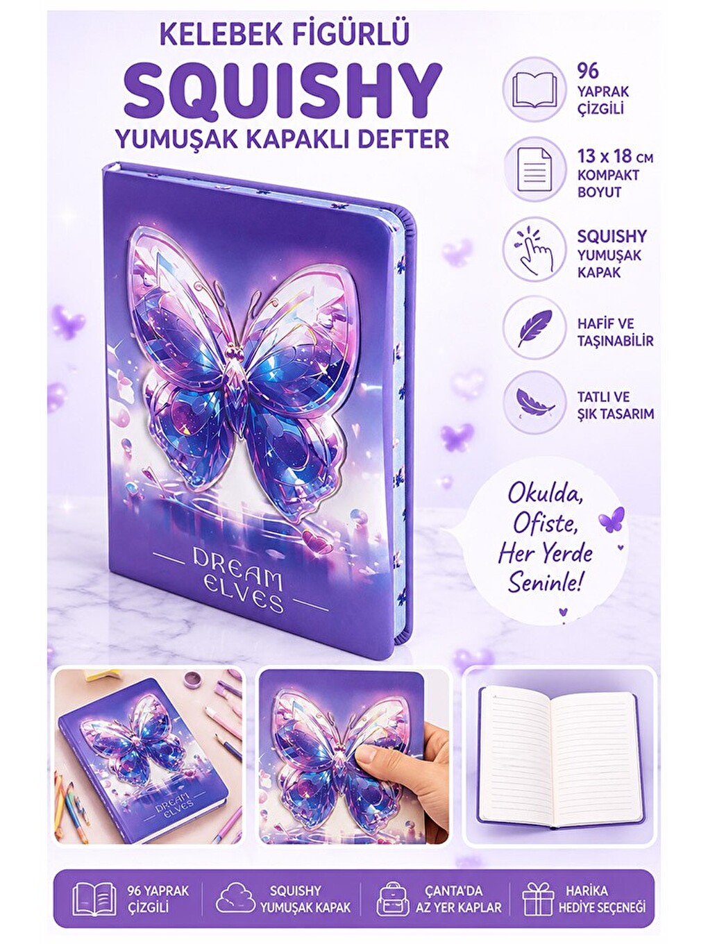 Kelebek Squıshy Yumuşak Kapaklı Defter 96 Yaprak 13x18cm 1 Adet Sukuşi Çizgili Defter