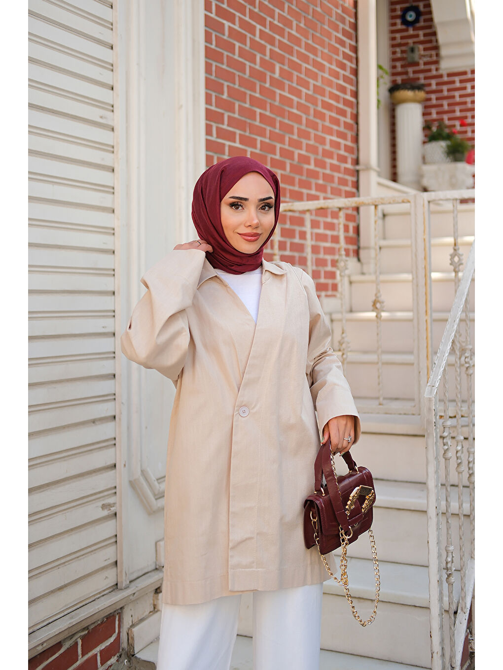 Ekru Kadın Kruvaze Yaka Keten Ceket  Krem-1