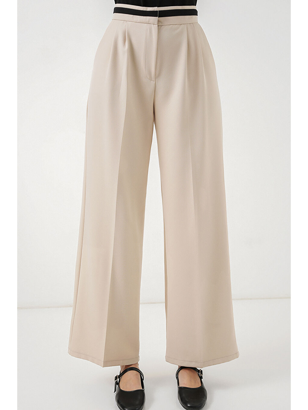 Ekru Kadın Geniş Paça Kumaş Pantolon 30088 - Krem-1