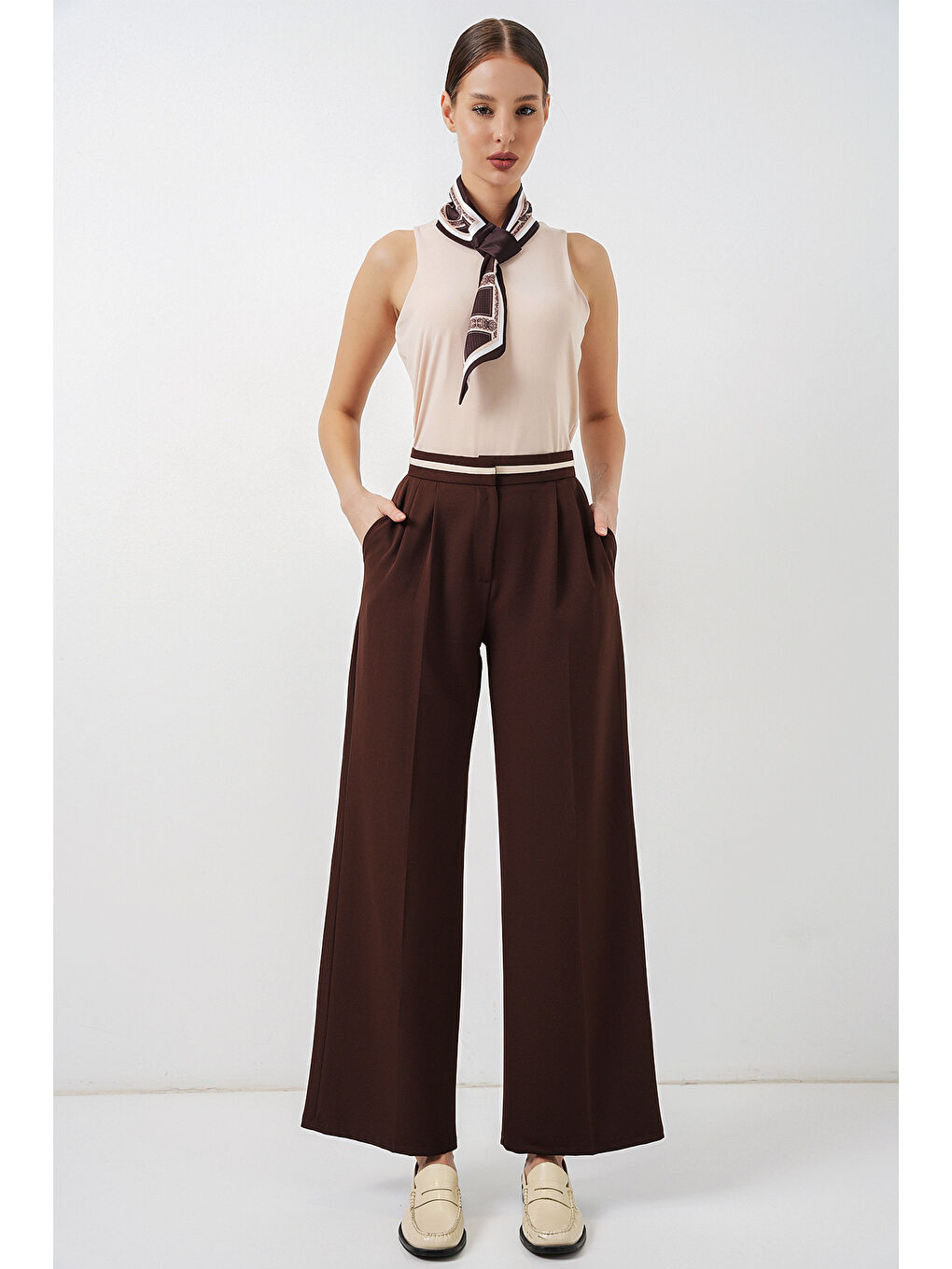 Kadın Geniş Paça Kumaş Pantolon 30088 - Kahverengi-4