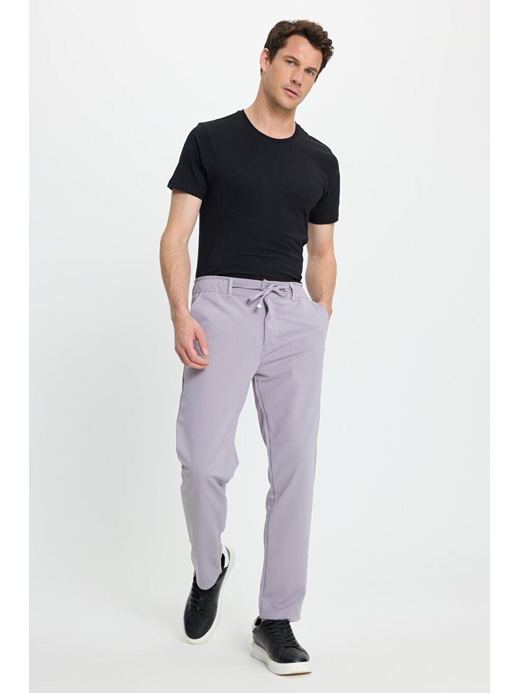 Erkek Slim Fit Dar Kesim Beli Lastikli Bağcık Detaylı Gri Pantolon-4