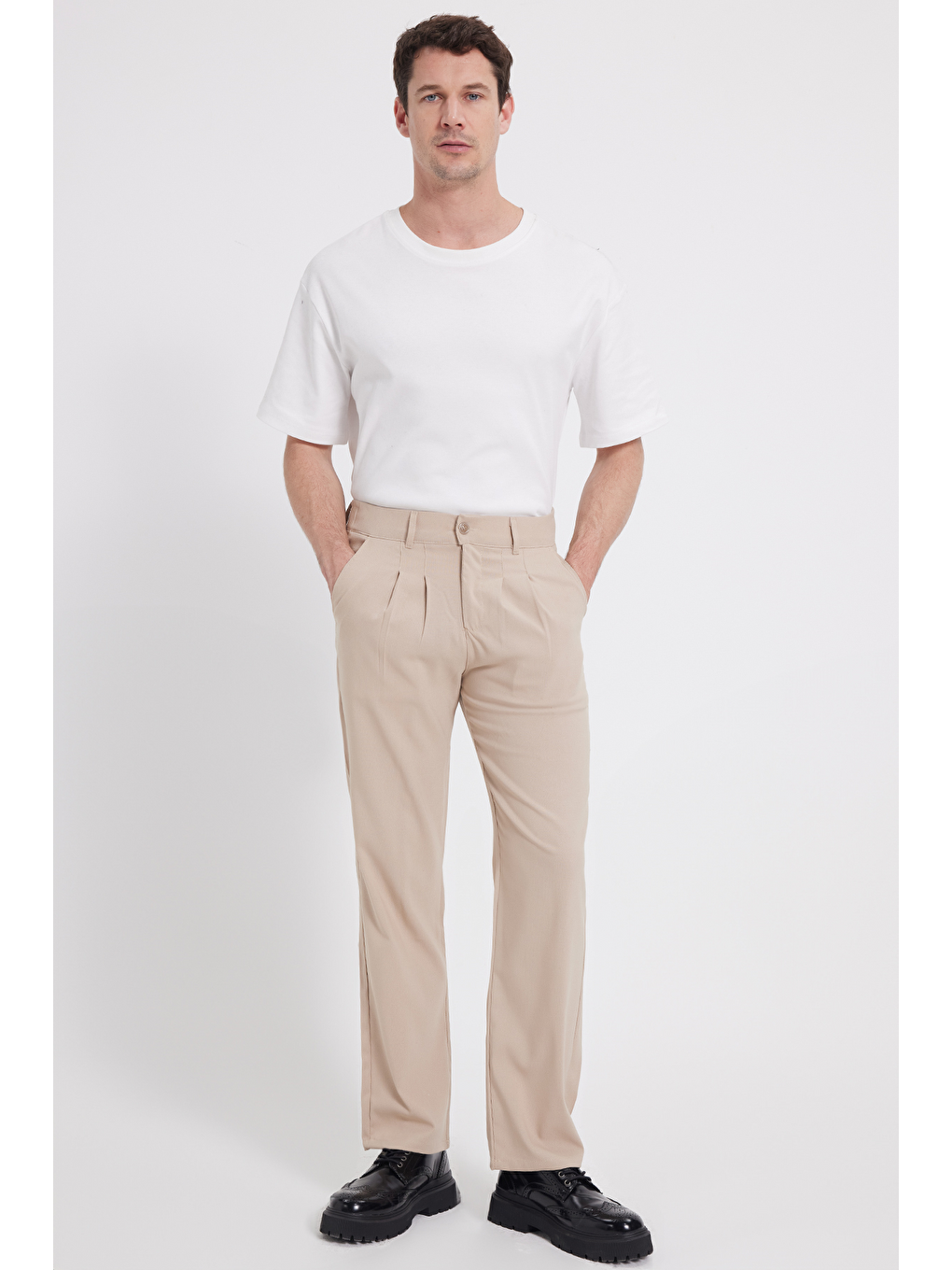 Bej Erkek Regular Fit Klasik Kesim Normal Bel Geniş Paça Taş Pantolon-6