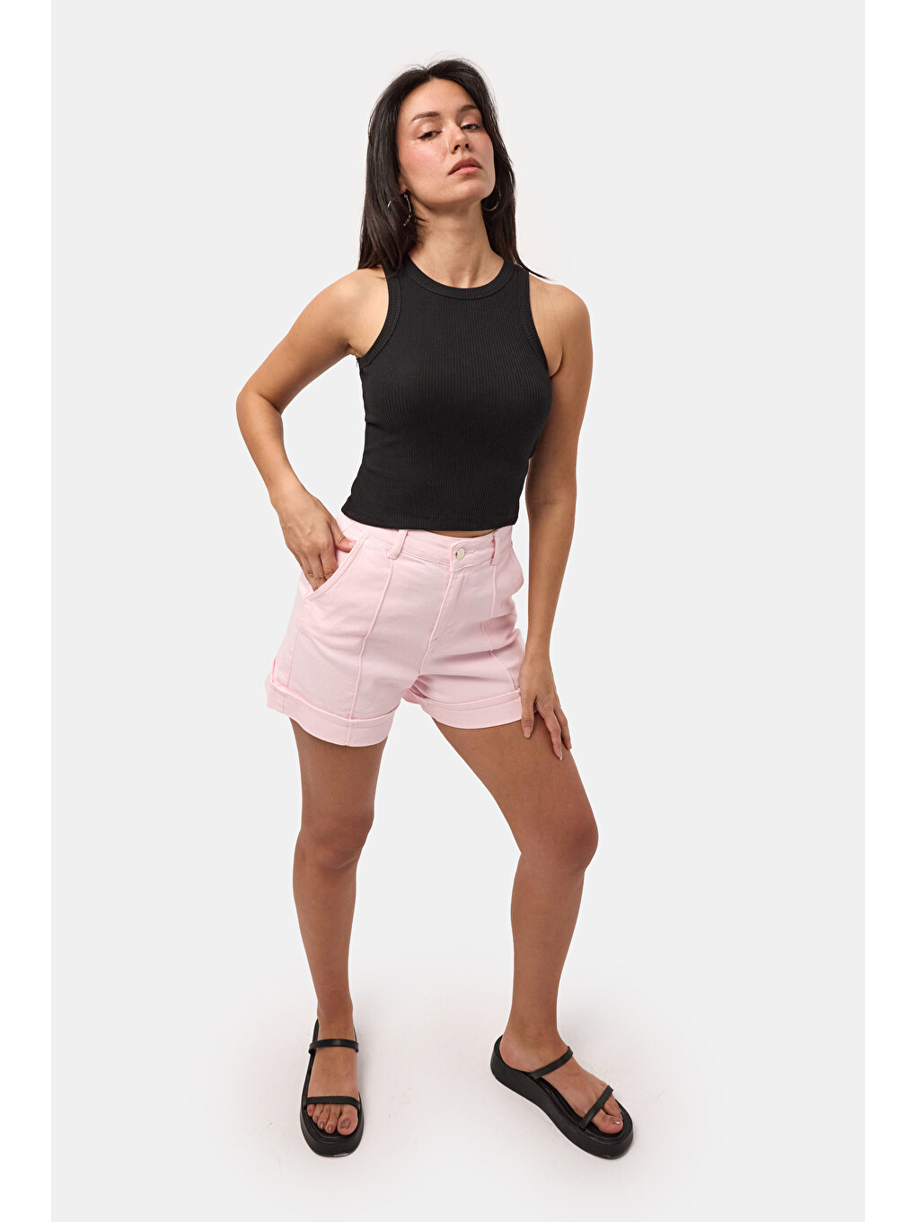 Kadın Siyah s6-1 Sıfır Kol Esnek Kumaş Crop Top-1