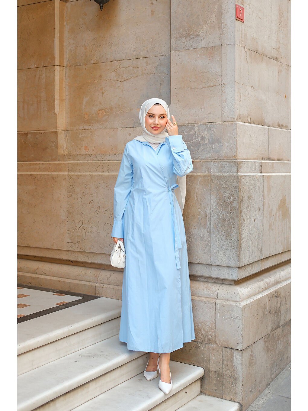 Kadın Poplin Yan Bağlamalı Elbise Bebe Mavi-2