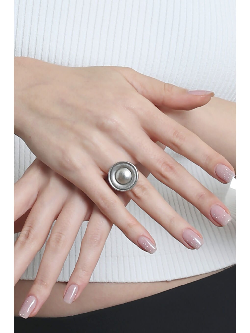 Gri Kadın Antik Gümüş Kaplama Ayarlanabilir Düğme Formlu Yüzük-3