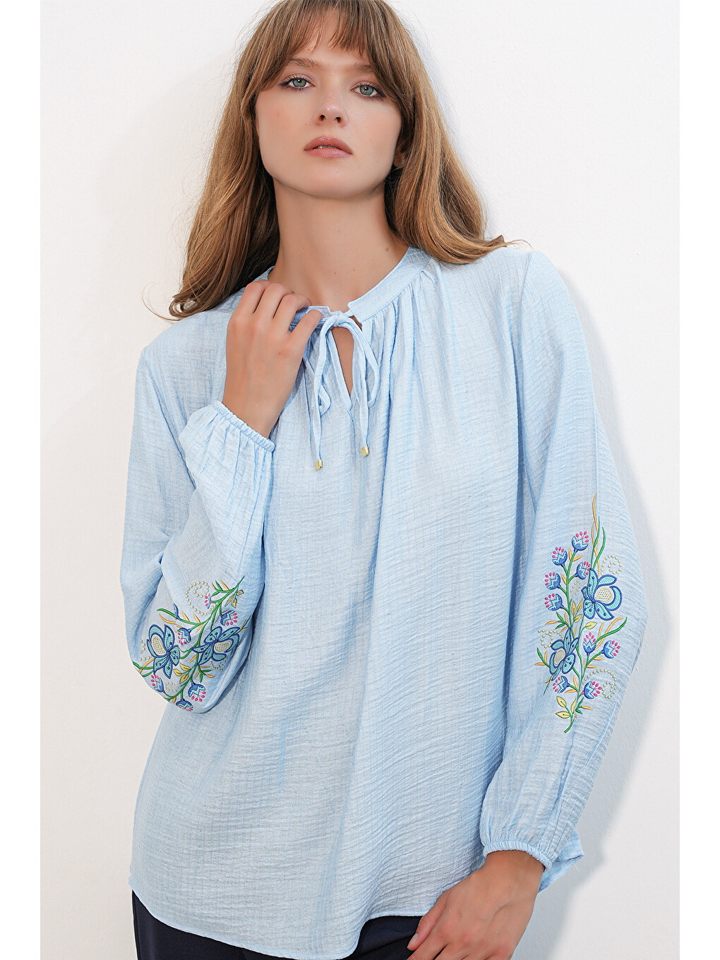 Kadın Nakışlı Oversize Bluz 1000 - Mavi-2