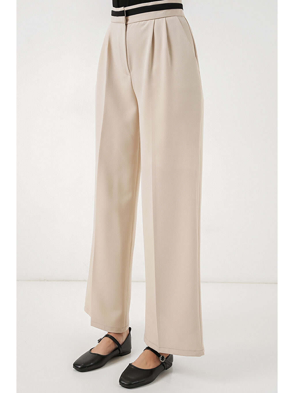 Ekru Kadın Geniş Paça Kumaş Pantolon 30088 - Krem-3