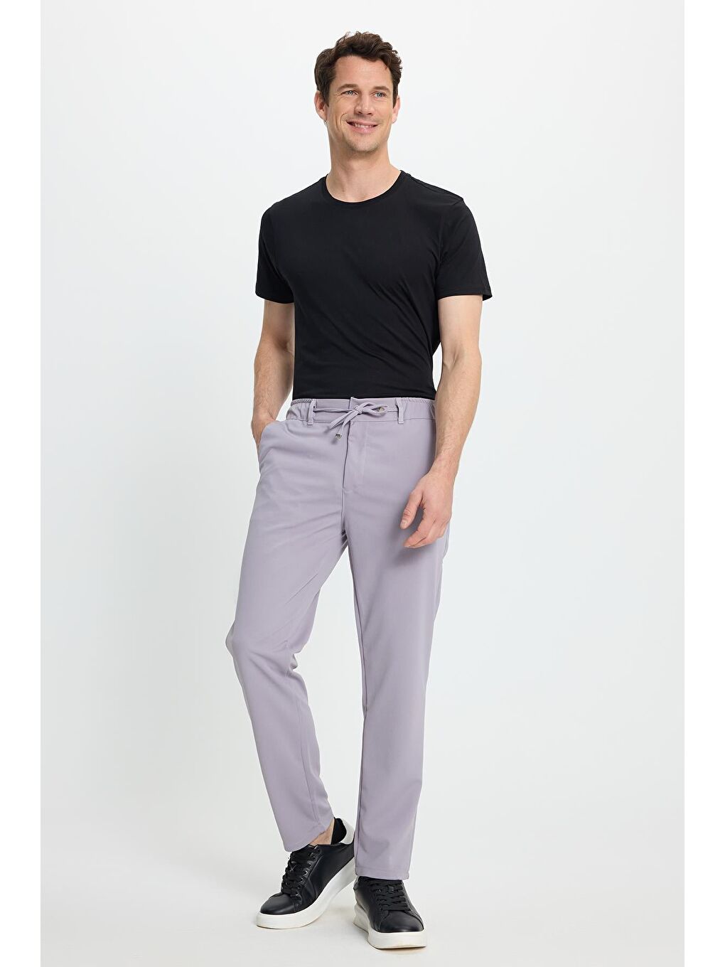 Erkek Slim Fit Dar Kesim Beli Lastikli Bağcık Detaylı Gri Pantolon-5