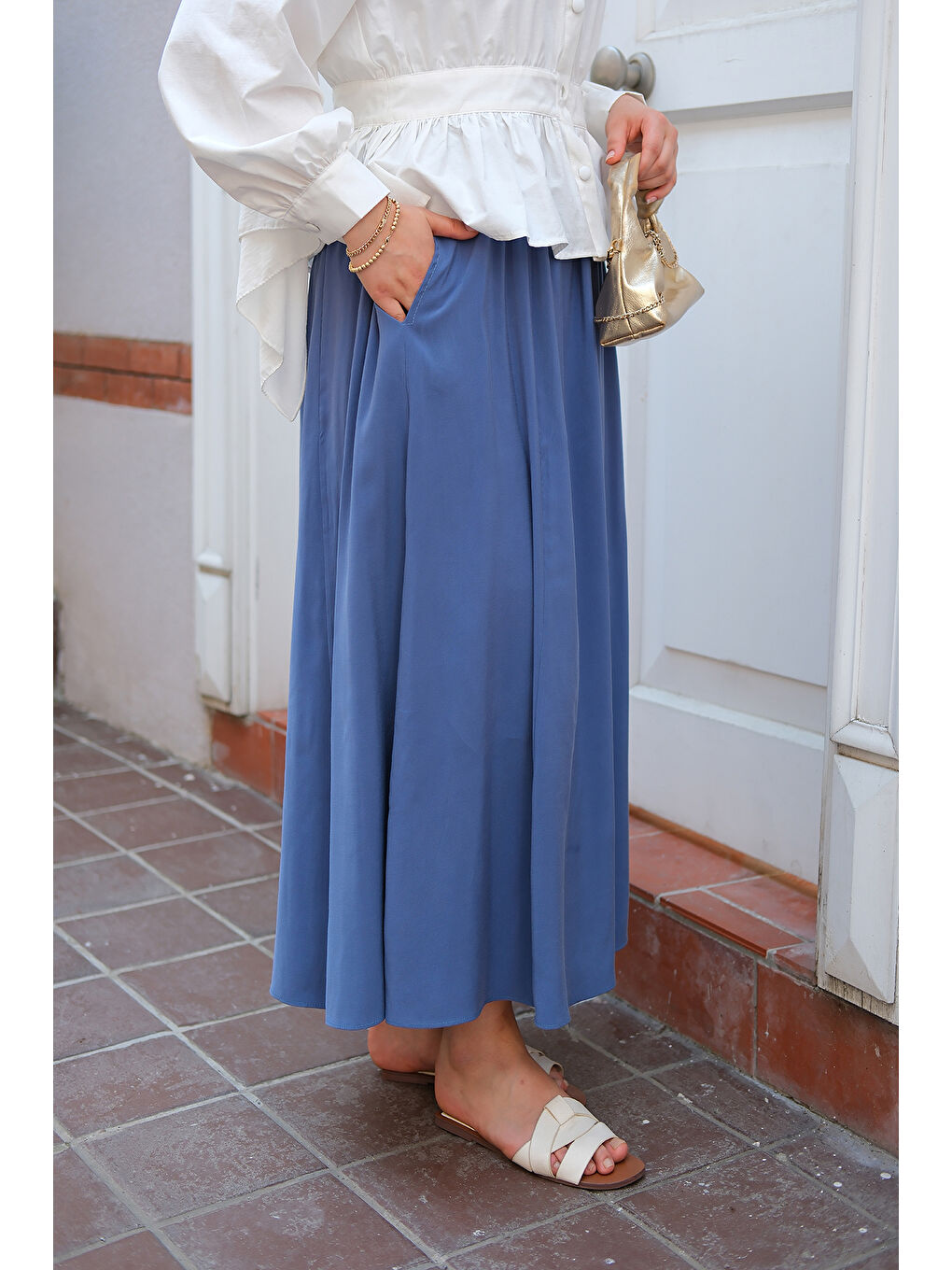 Kadın Kırışık Kloş Etek İndigo Mavi-1