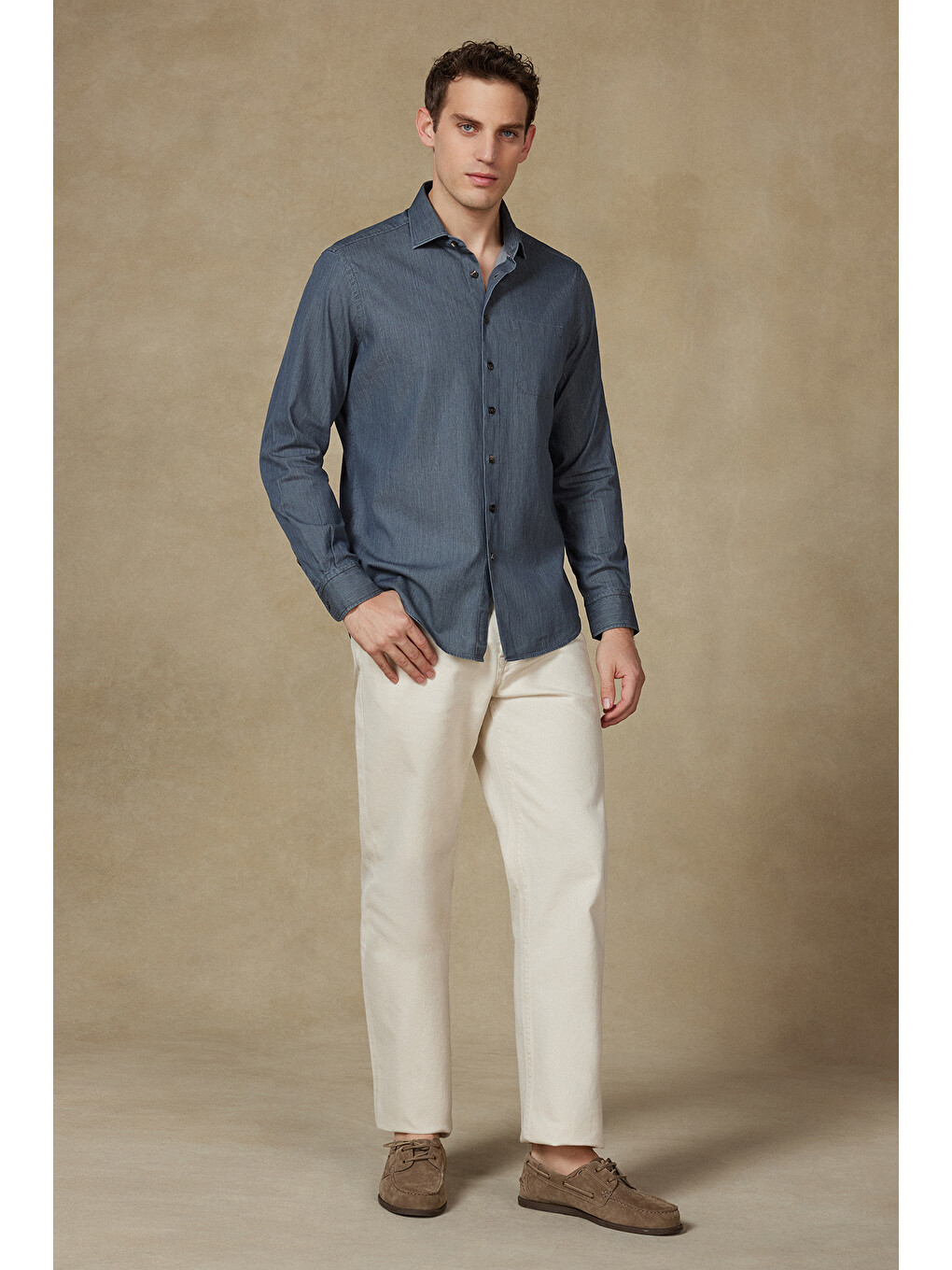 Santo Twill Pamuklu Comfort Fit Koyu Gri Düğmeli Yaka Erkek Düz Gömlek-2