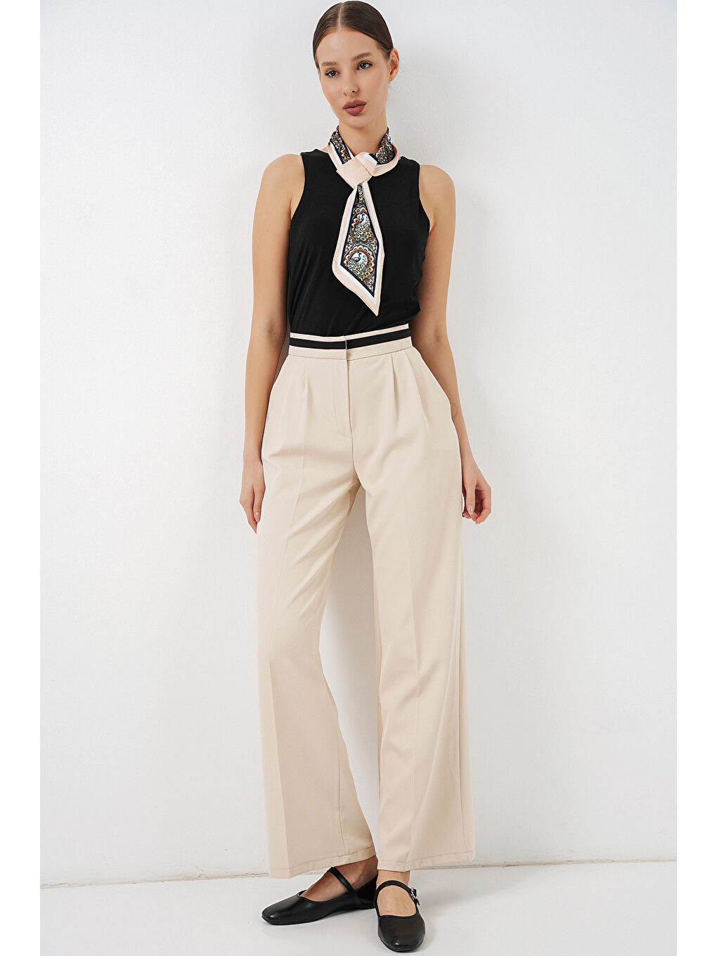 Ekru Kadın Geniş Paça Kumaş Pantolon 30088 - Krem-4