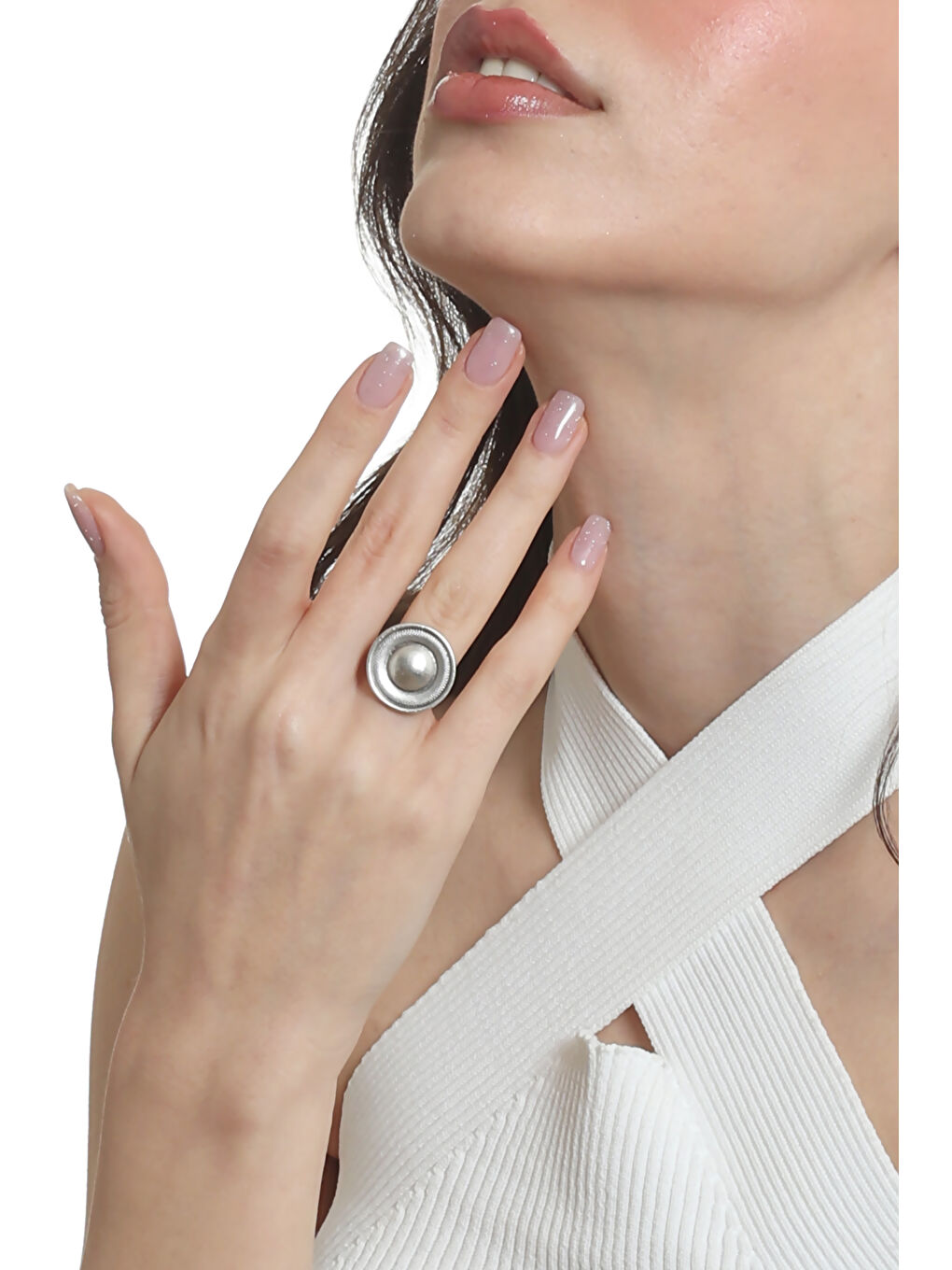 Gri Kadın Antik Gümüş Kaplama Ayarlanabilir Düğme Formlu Yüzük-1