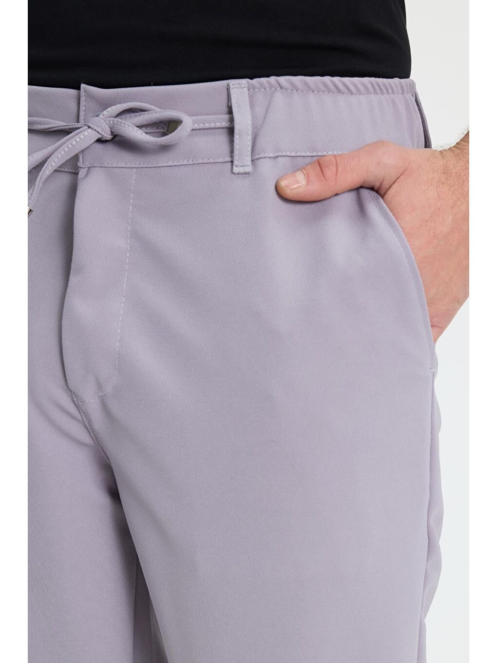 Erkek Slim Fit Dar Kesim Beli Lastikli Bağcık Detaylı Gri Pantolon-6