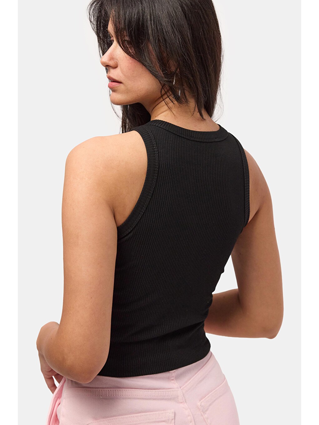 Kadın Siyah s6-1 Sıfır Kol Esnek Kumaş Crop Top-3