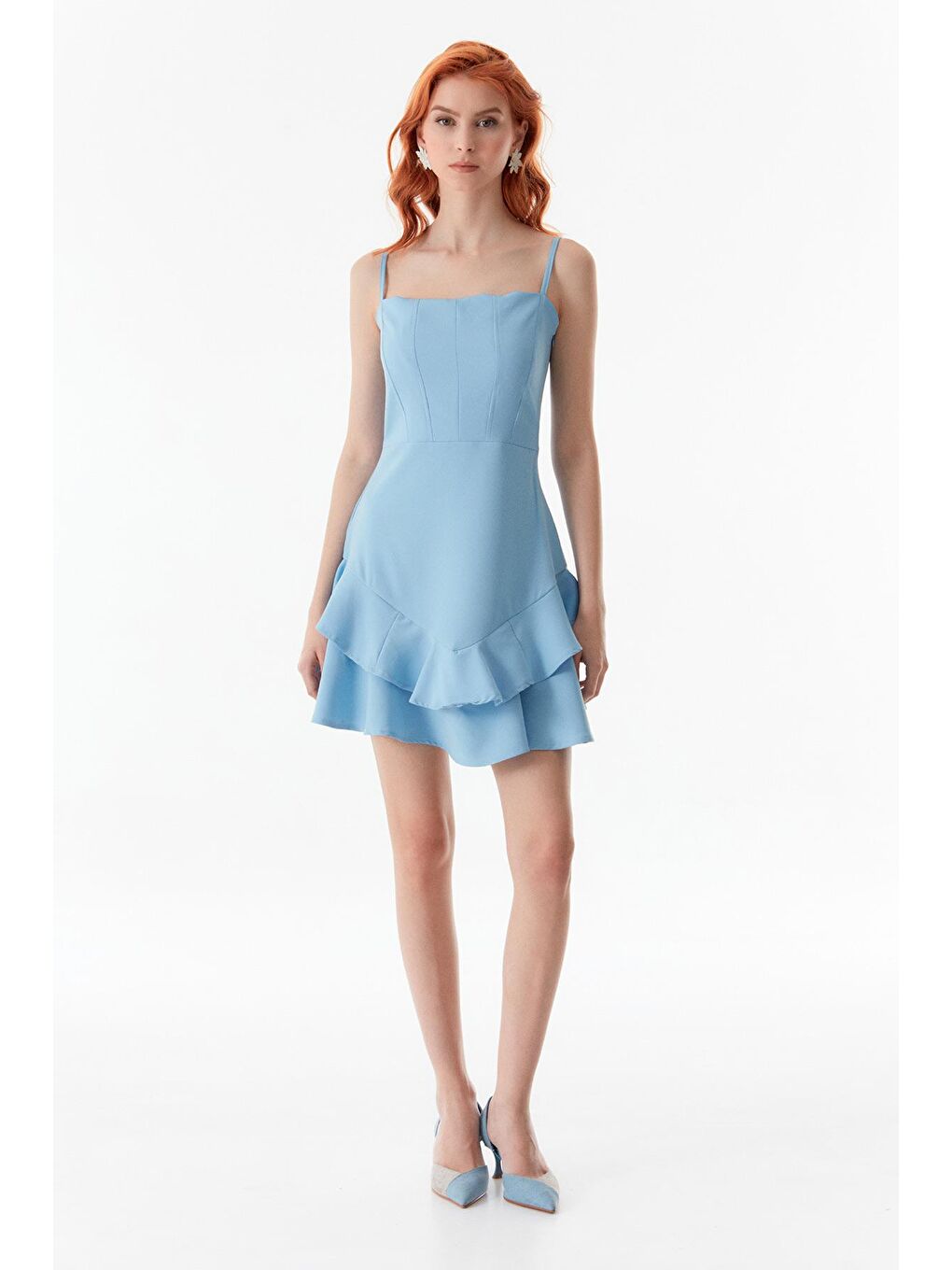 Mavi İp Askılı Fırfırlı Elbise