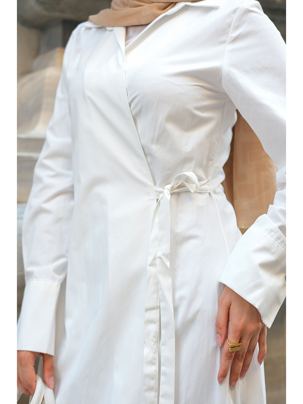 Kadın Poplin Yan Bağlamalı Elbise Beyaz-3