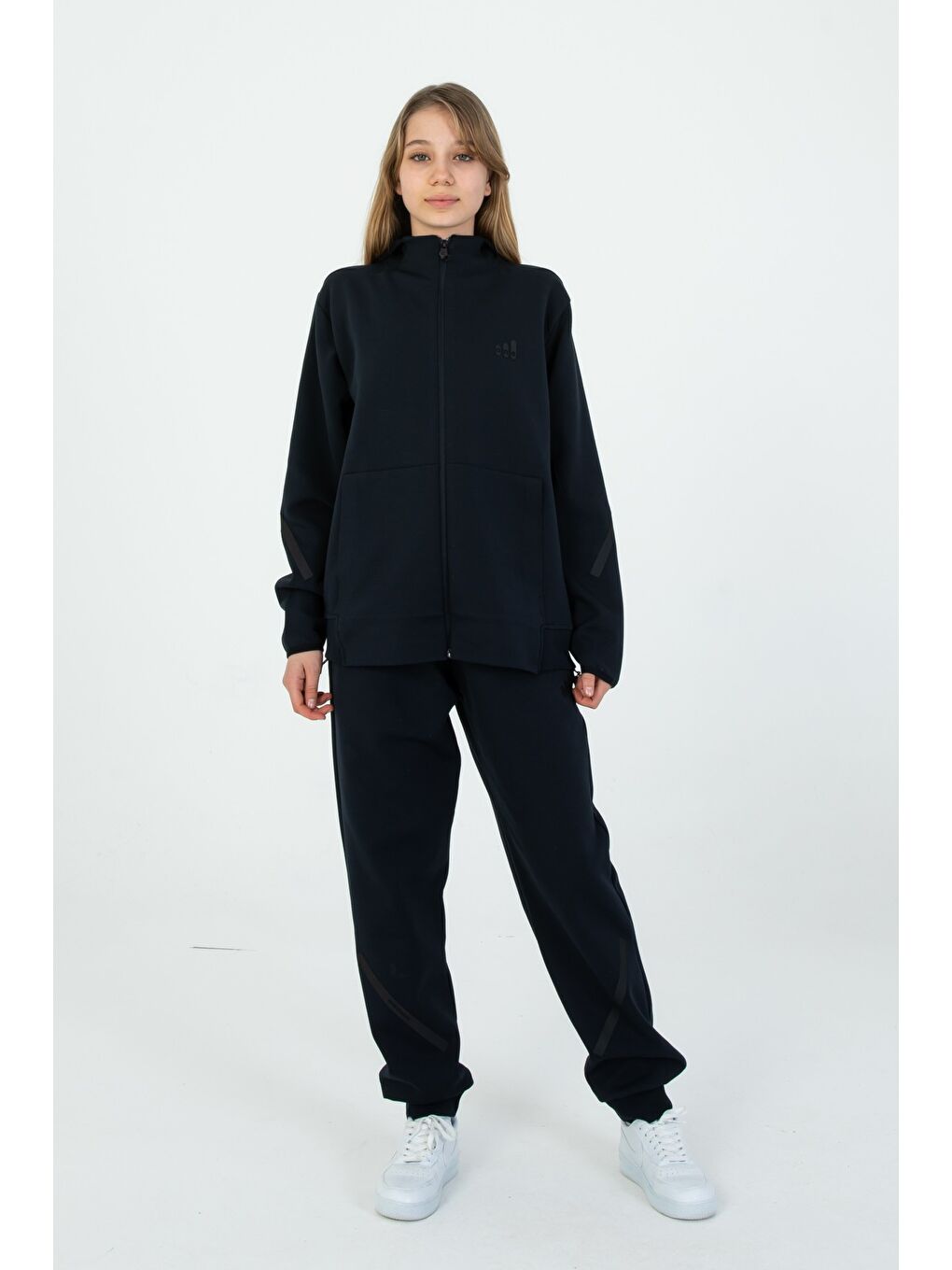 Lacivert Fermuarlı Çift Cep Detaylı Kapüşonlu Eşofman Takım