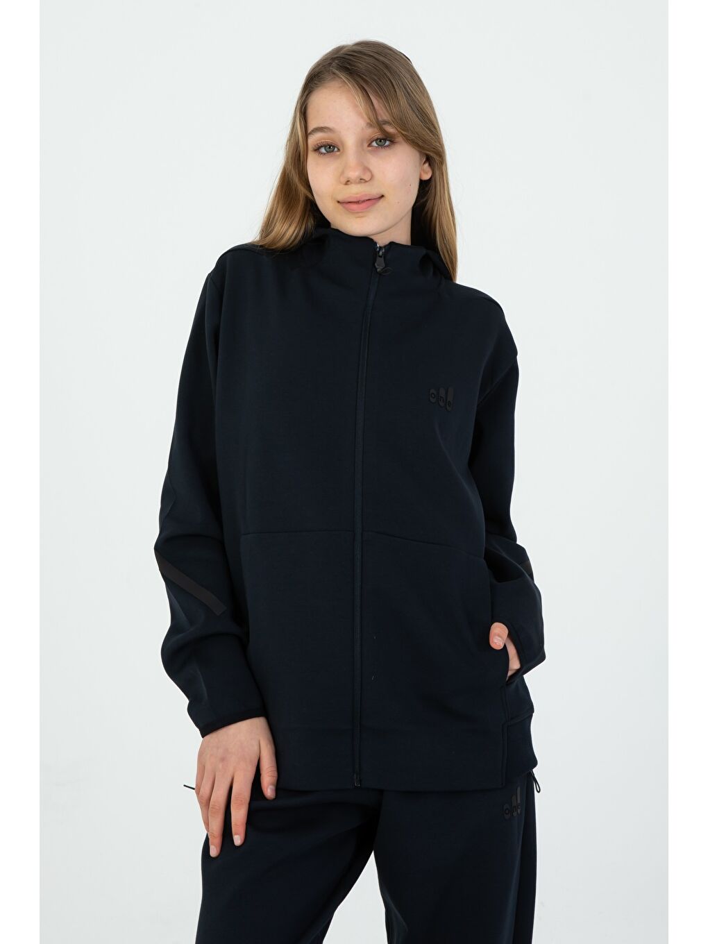 Lacivert Fermuarlı Çift Cep Detaylı Kapüşonlu Eşofman Takım-2