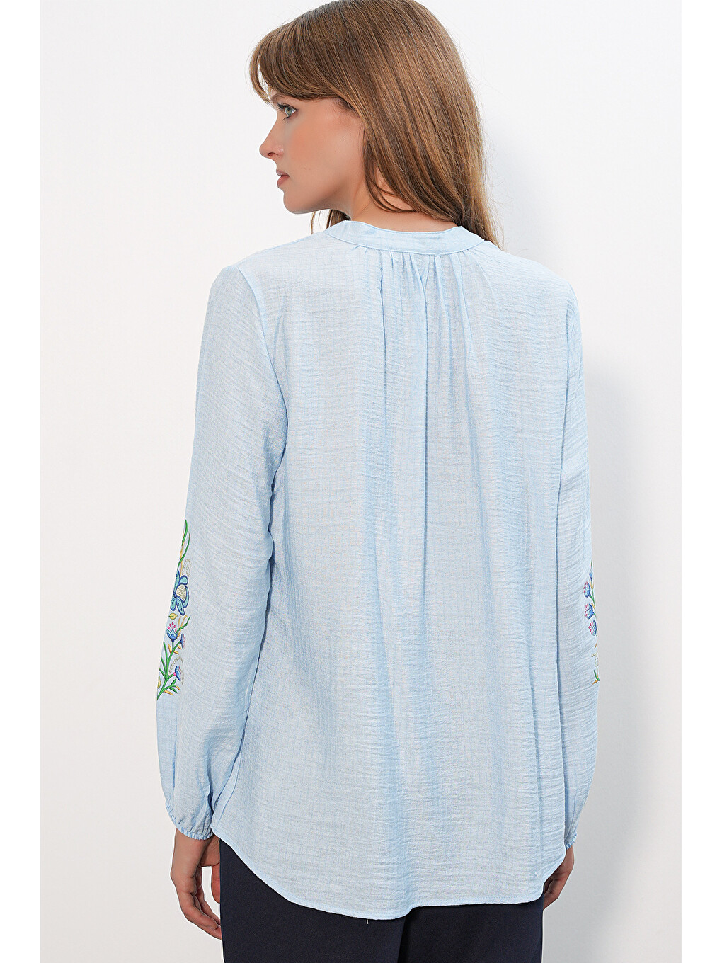 Kadın Nakışlı Oversize Bluz 1000 - Mavi-5