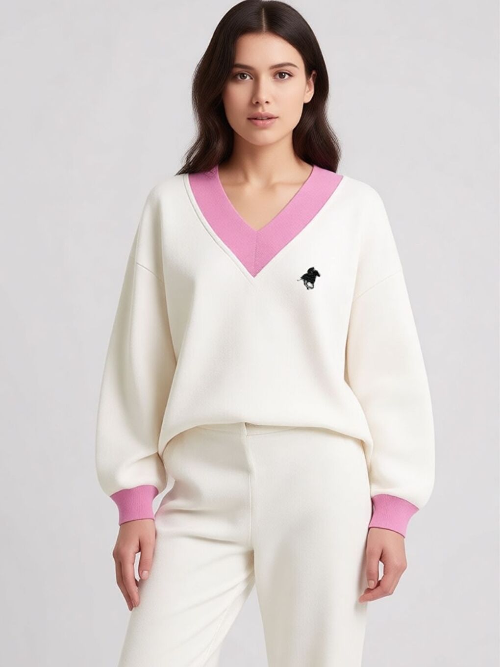 Beyaz Cavarly Baskılı V Yaka Oversize Sweatshirt