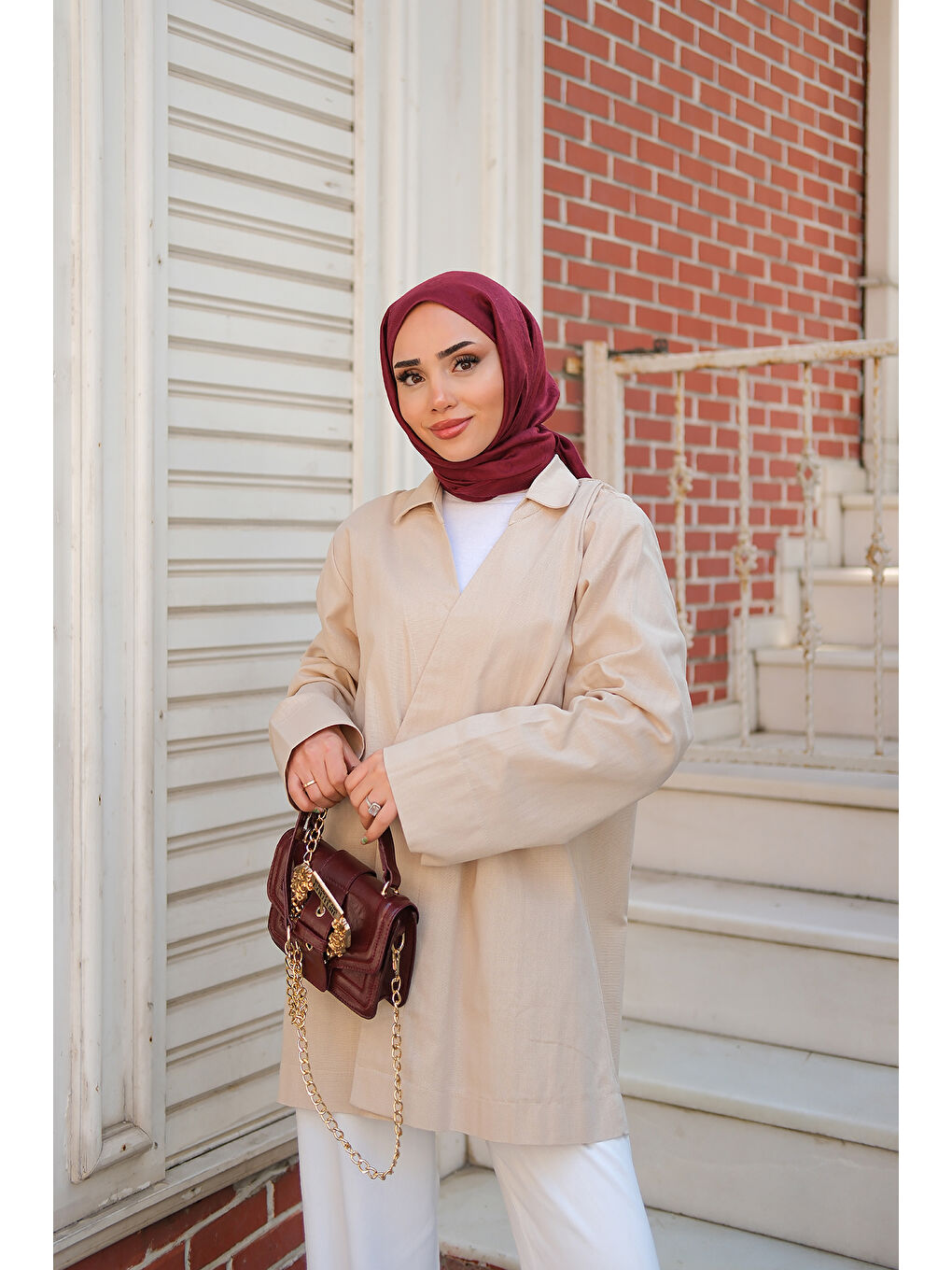 Ekru Kadın Kruvaze Yaka Keten Ceket  Krem-2