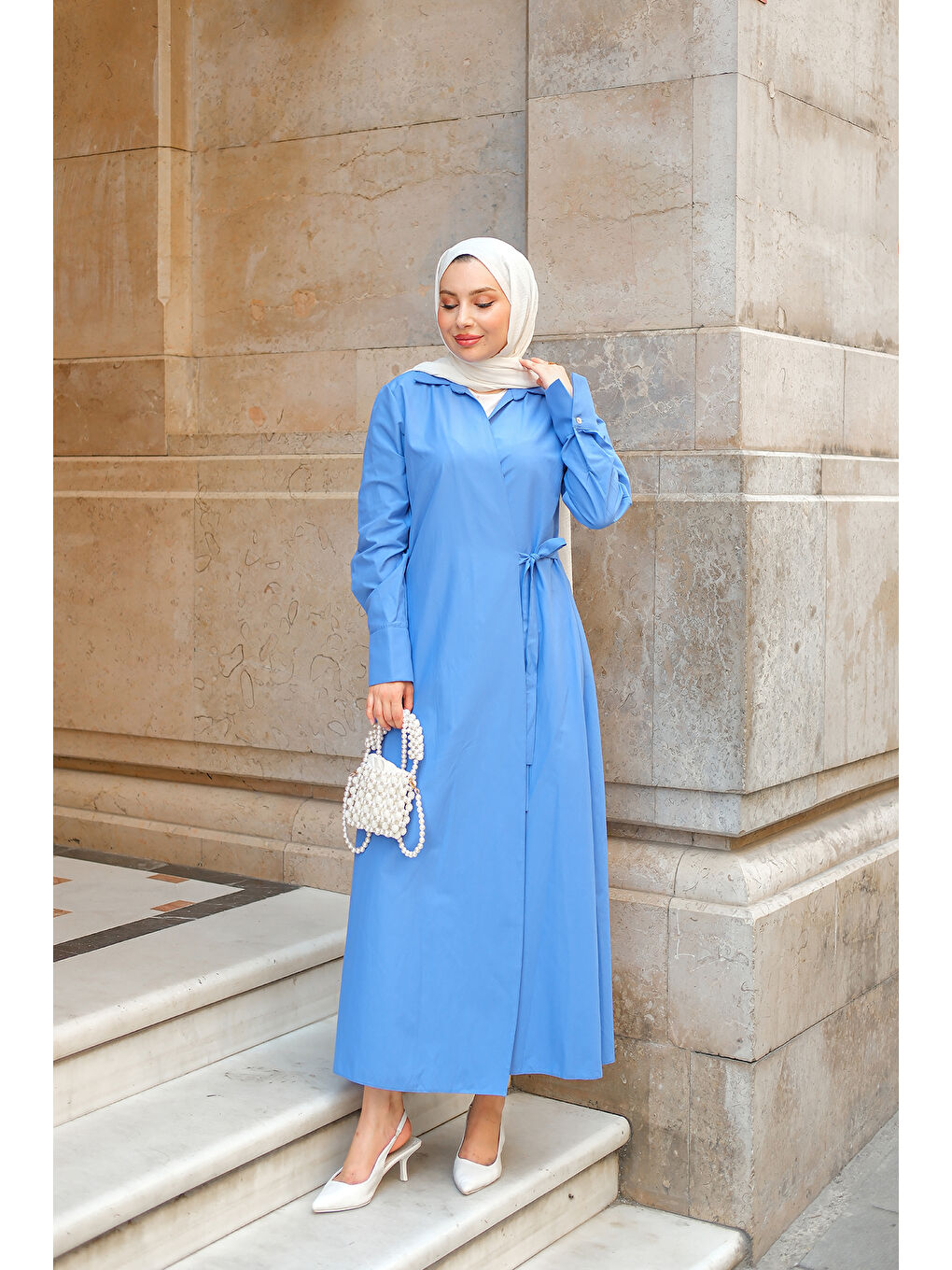 Kadın Poplin Yan Bağlamalı Elbise Saks Mavi-2