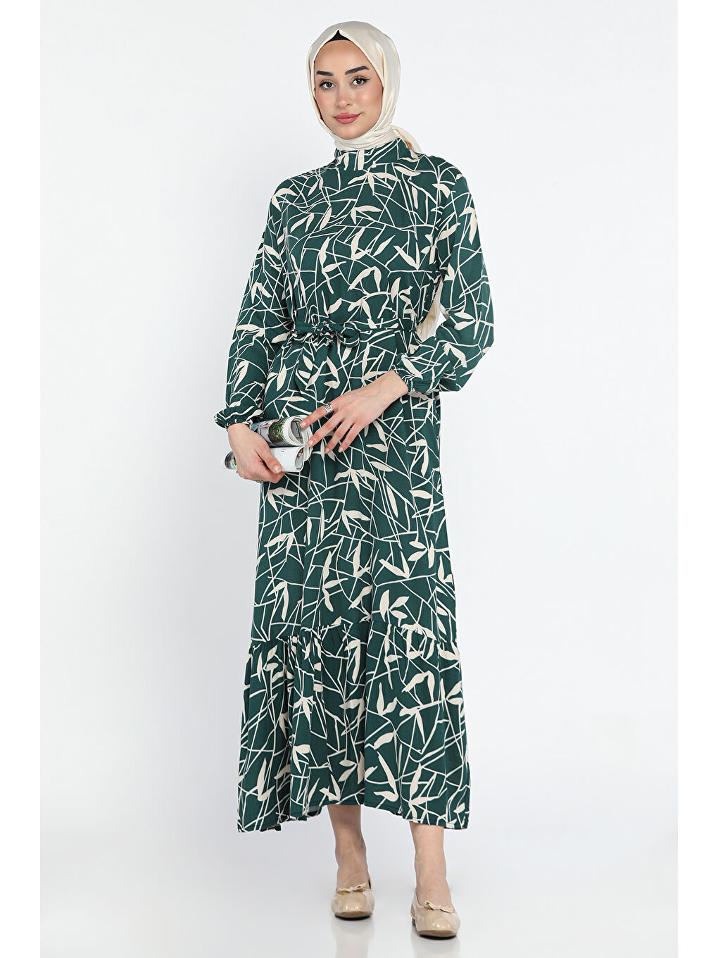 Yeşil Desenli Bel Bağlamalı Tesettür Viskon Elbise