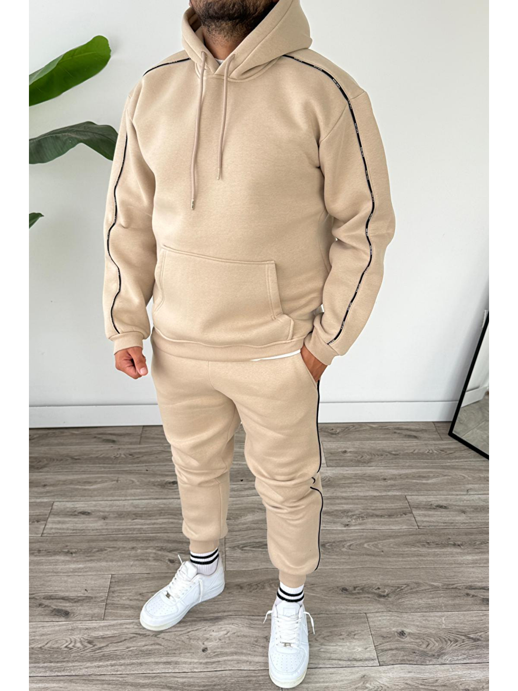 Erkek Kapüşonlu Kanguru Cepli Biyeli %100 Pamuk Alt Üst Takım Bej