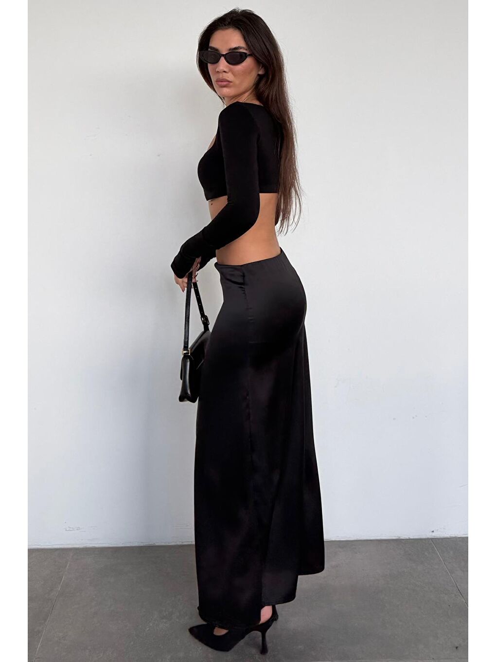 Siyah Saten Midi Boy Kadın Etek Mg2637-1