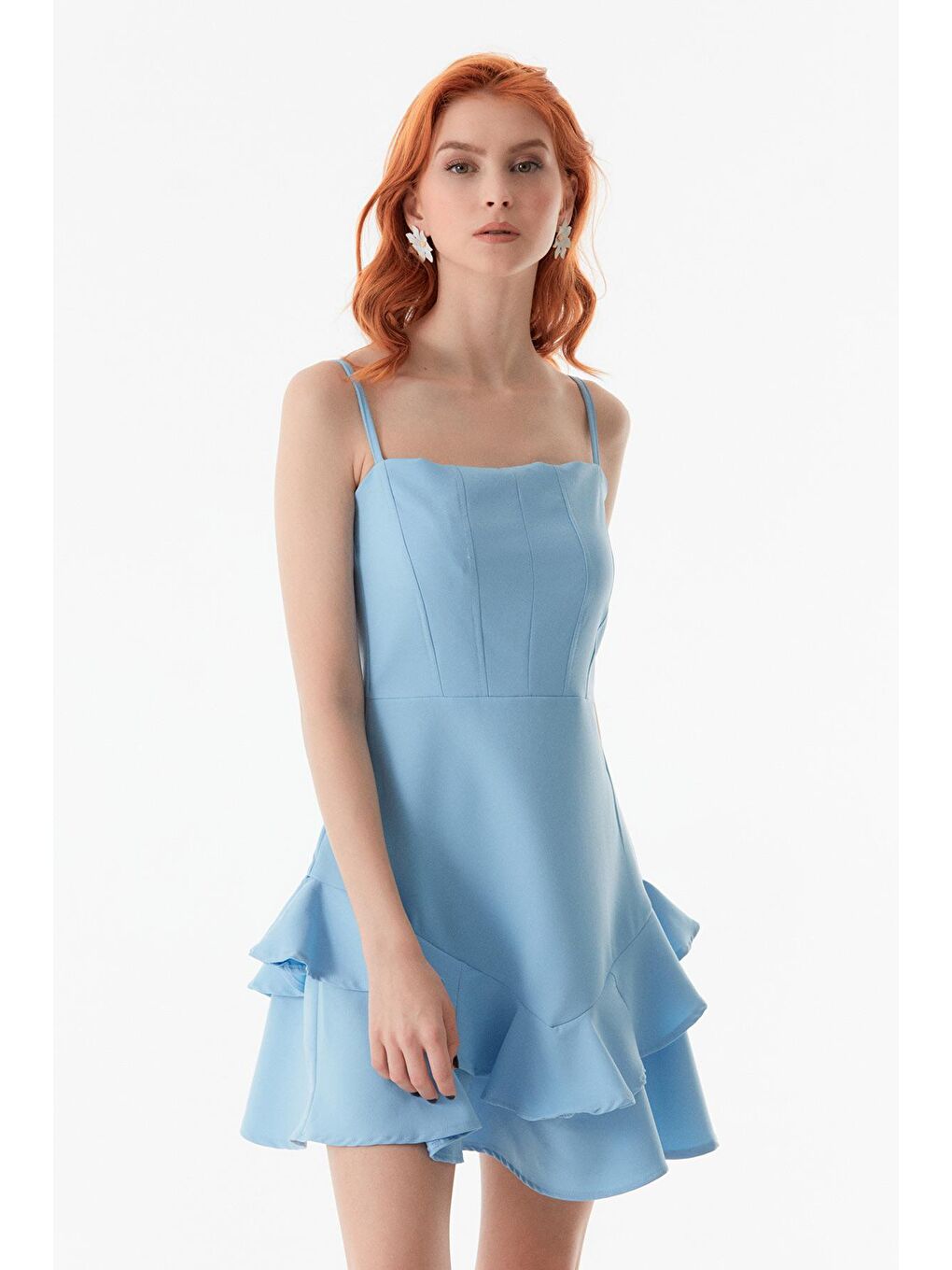 Mavi İp Askılı Fırfırlı Elbise-1