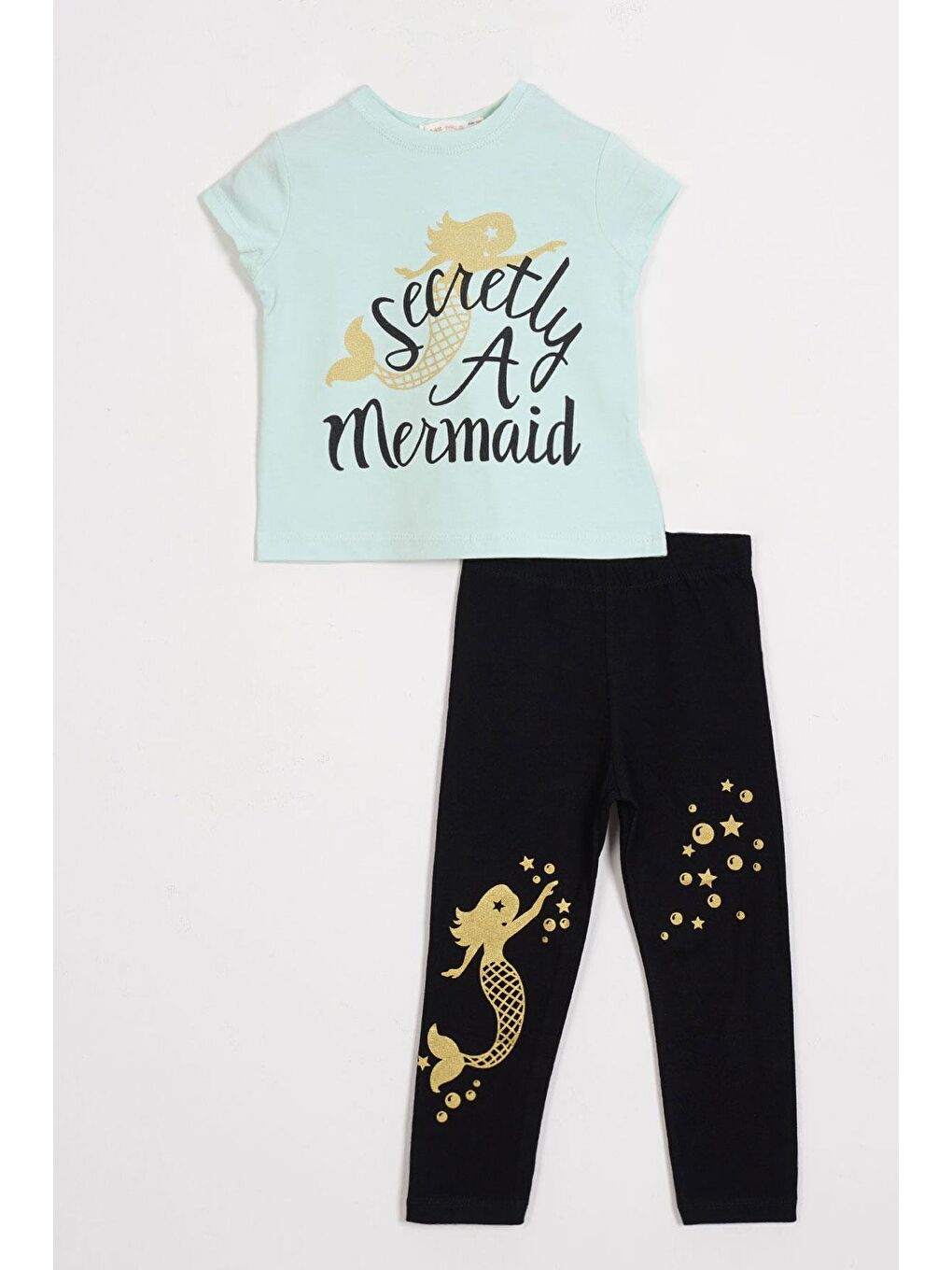 Yeşil Kısa Kol Yazı Baskılı Açık Mint Renk Kız Çocuk Taytlı Takım