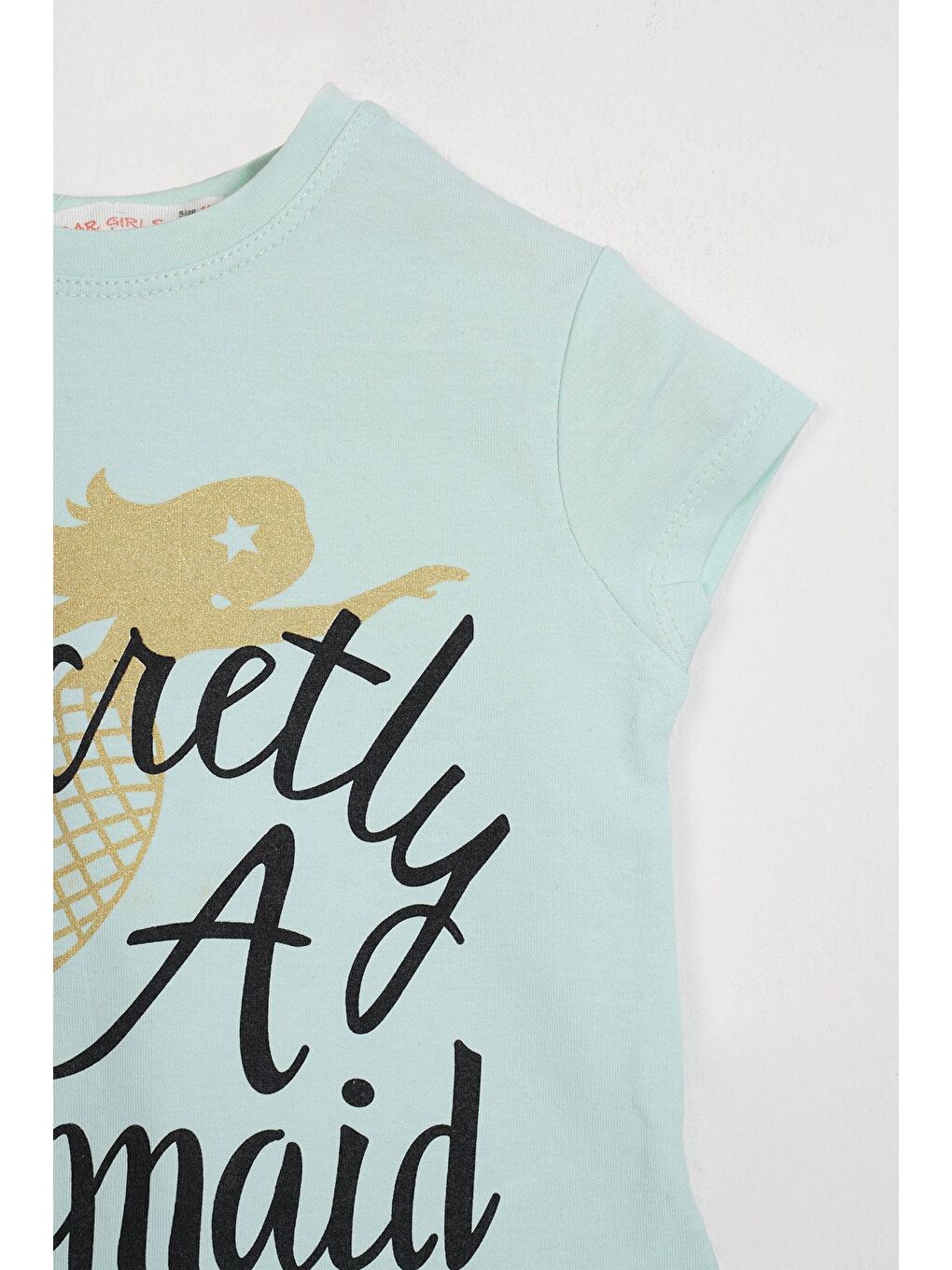 Yeşil Kısa Kol Yazı Baskılı Açık Mint Renk Kız Çocuk Taytlı Takım-1