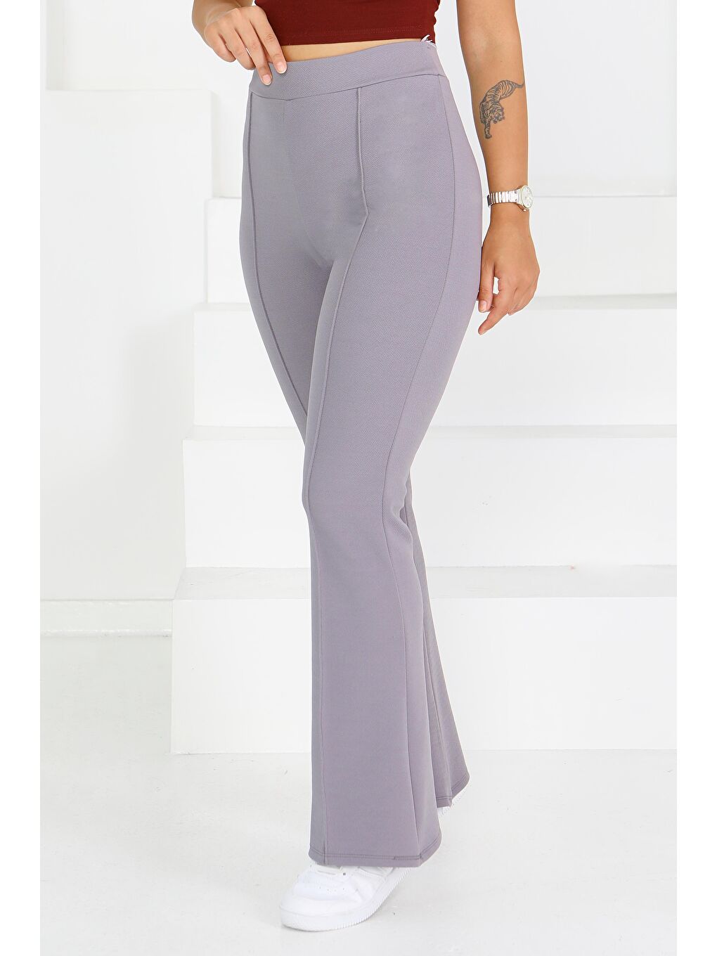 Çımalı İspanyol Paça Krep Pantolon Gri - 27623-2