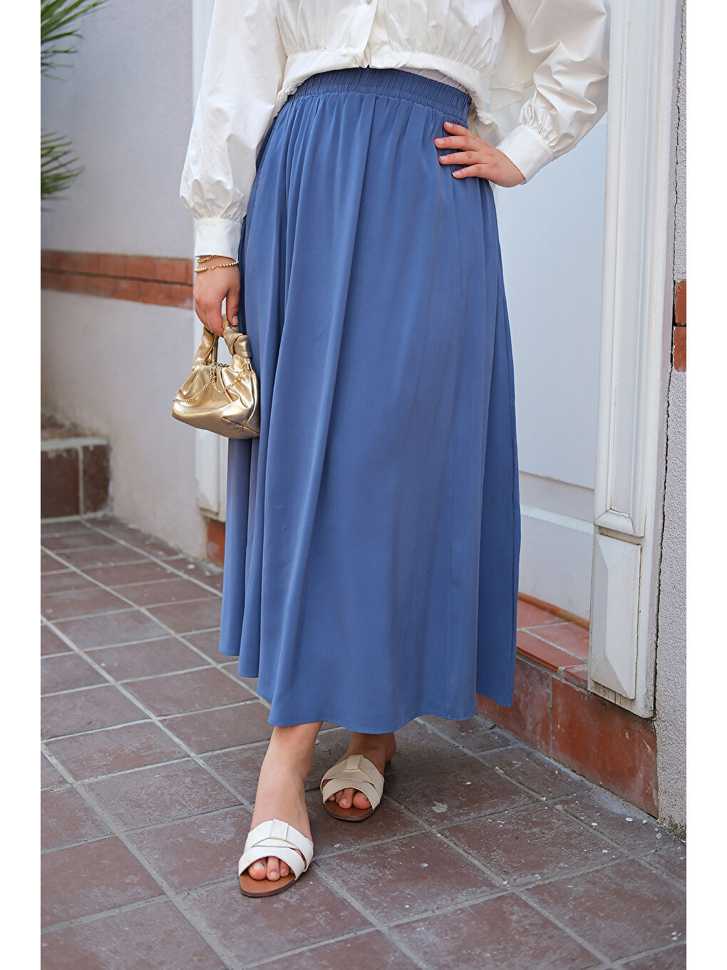 Kadın Kırışık Kloş Etek İndigo Mavi-2