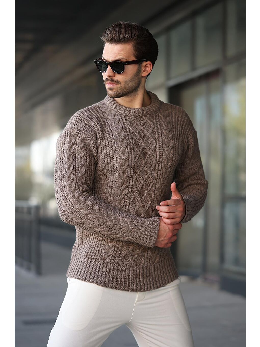 Bej Vizon Örgü Desenli Triko Erkek Kazak E7425-1