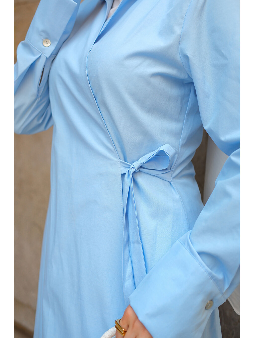 Kadın Poplin Yan Bağlamalı Elbise Bebe Mavi-3
